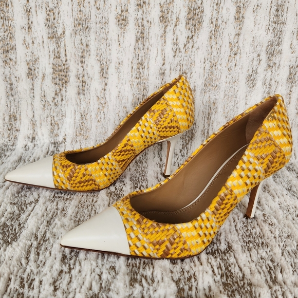 Tory Burch "Penelope" Yellow Textured Woven Cap Toe Pumps | Women's Size 6.5 - Picture 2 of 13